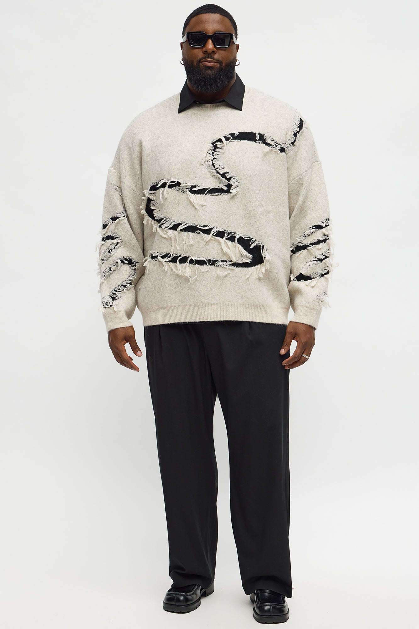 Oversized Trials Distressed Crewneck Sweater - Oatmeal/combo