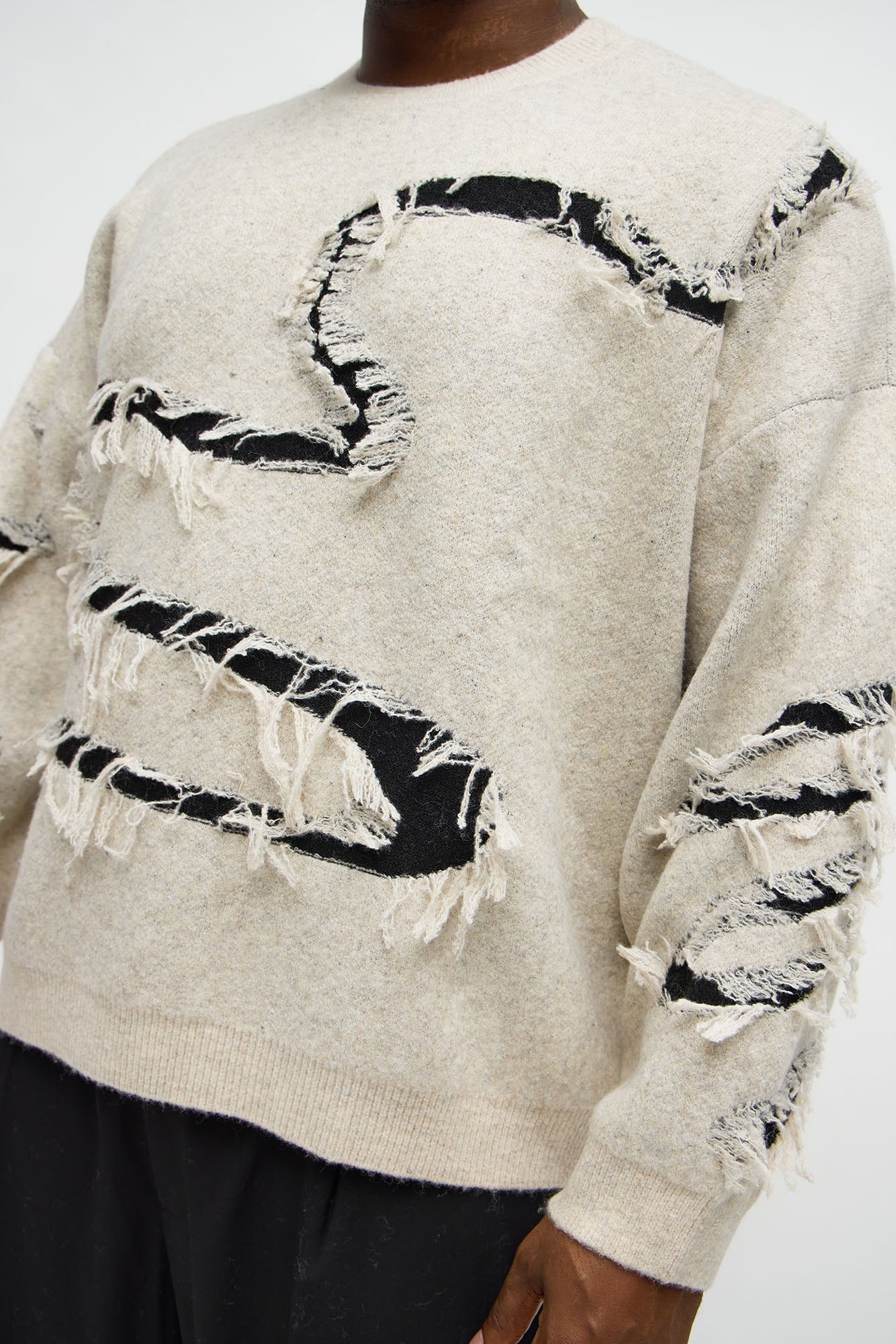 Oversized Trials Distressed Crewneck Sweater - Oatmeal/combo