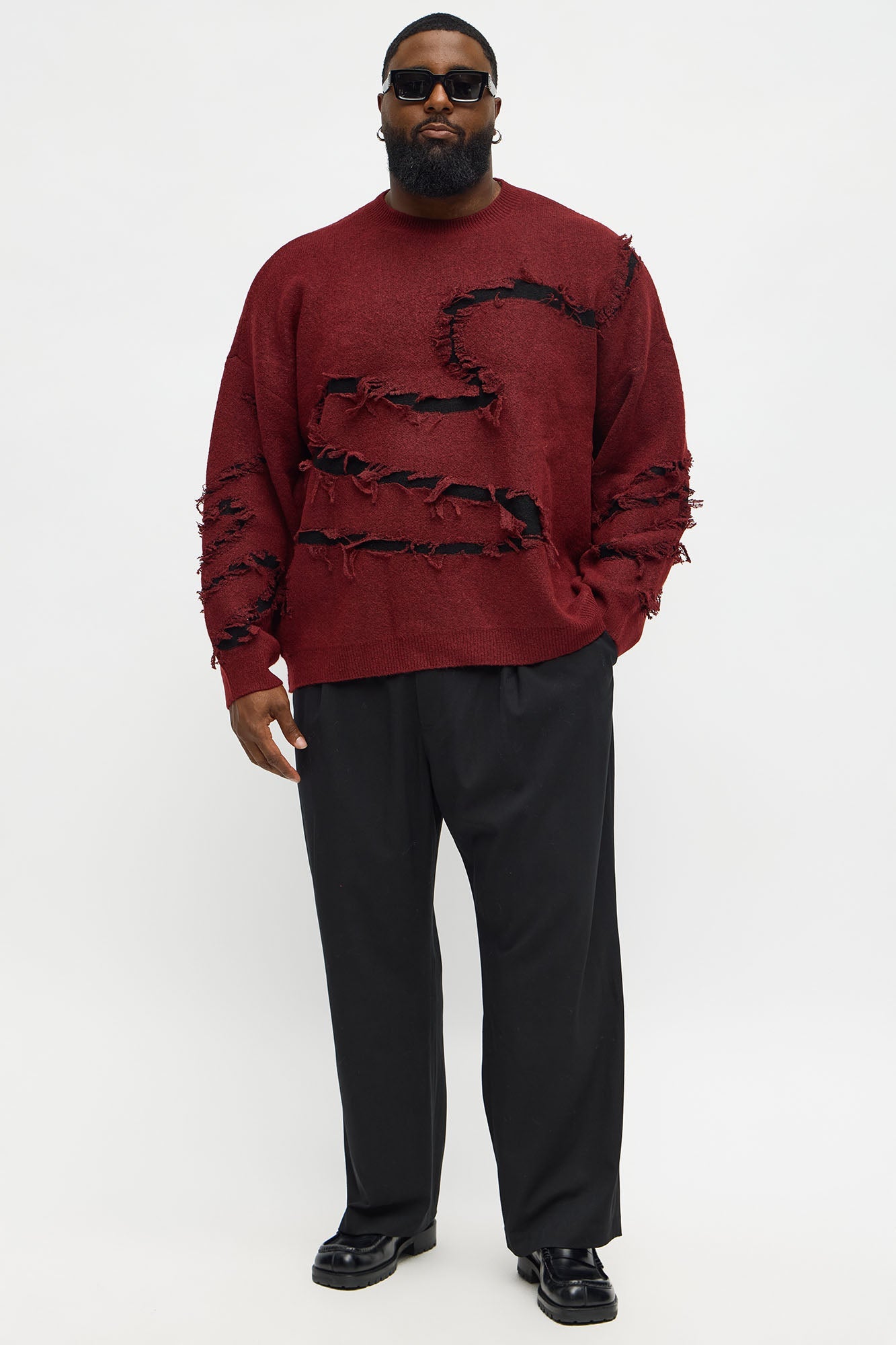 Oversized Trials Distressed Crewneck Sweater - Burgundy/combo
