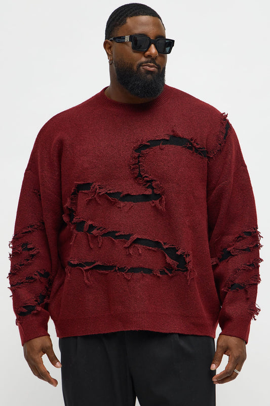 Oversized Trials Distressed Crewneck Sweater - Burgundy/combo
