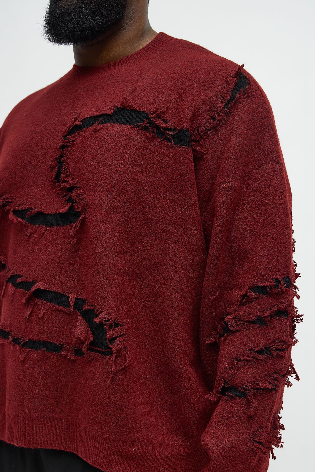 Oversized Trials Distressed Crewneck Sweater - Burgundy/combo