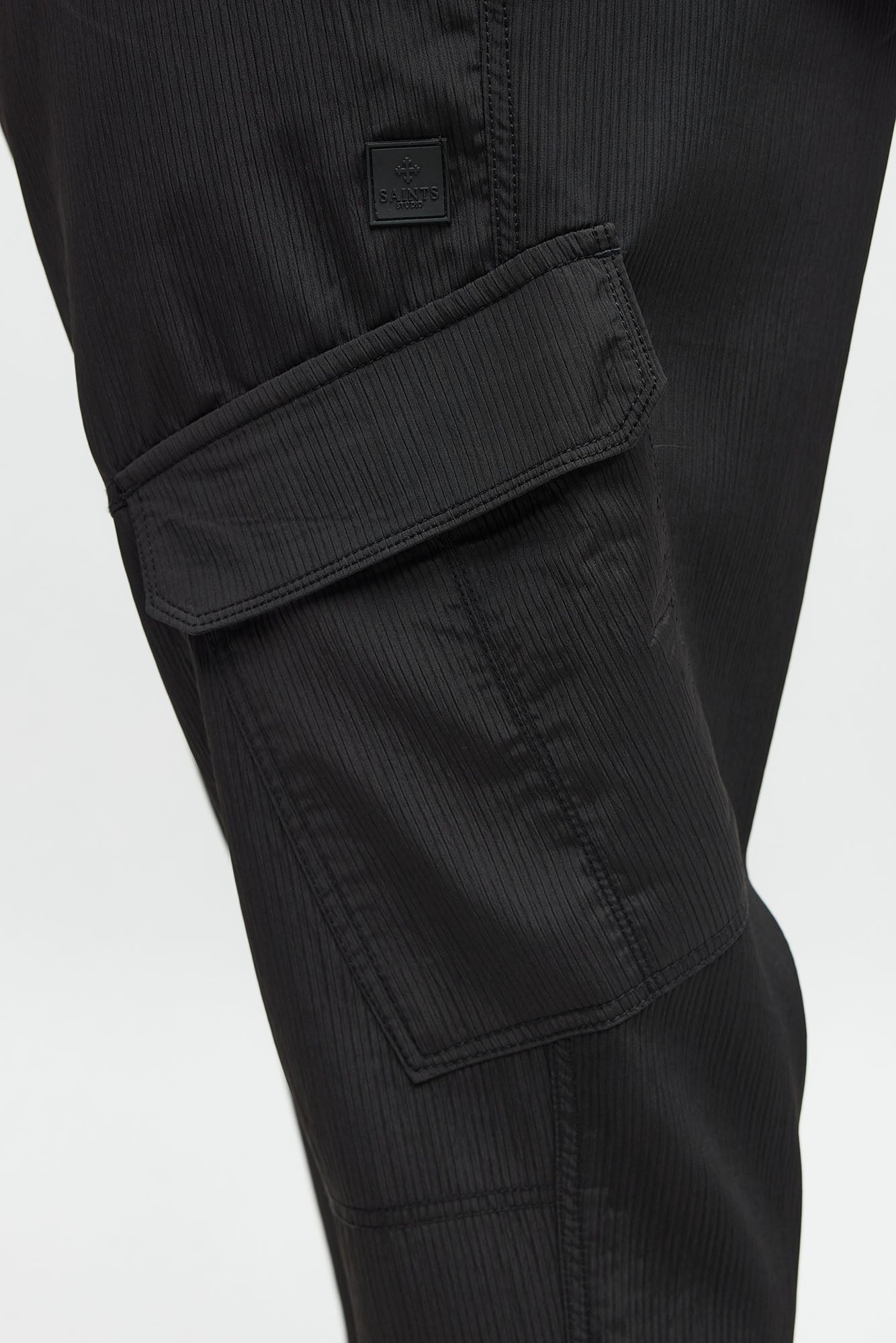 Slim Slanted Cargo Ribbed Pants - Black