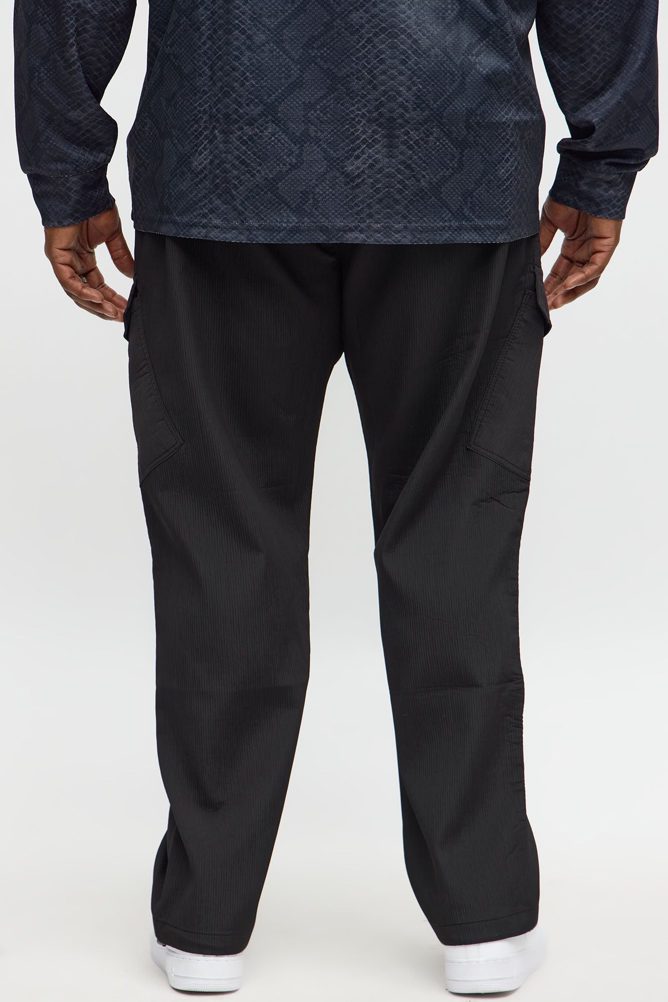 Slim Slanted Cargo Ribbed Pants - Black