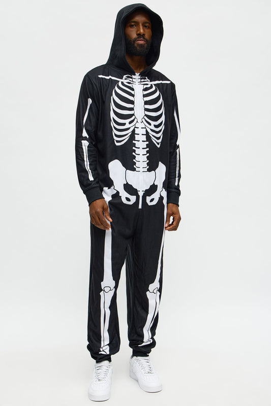 Skeleton Boneyard Hooded Halloween Onesie - Black/White