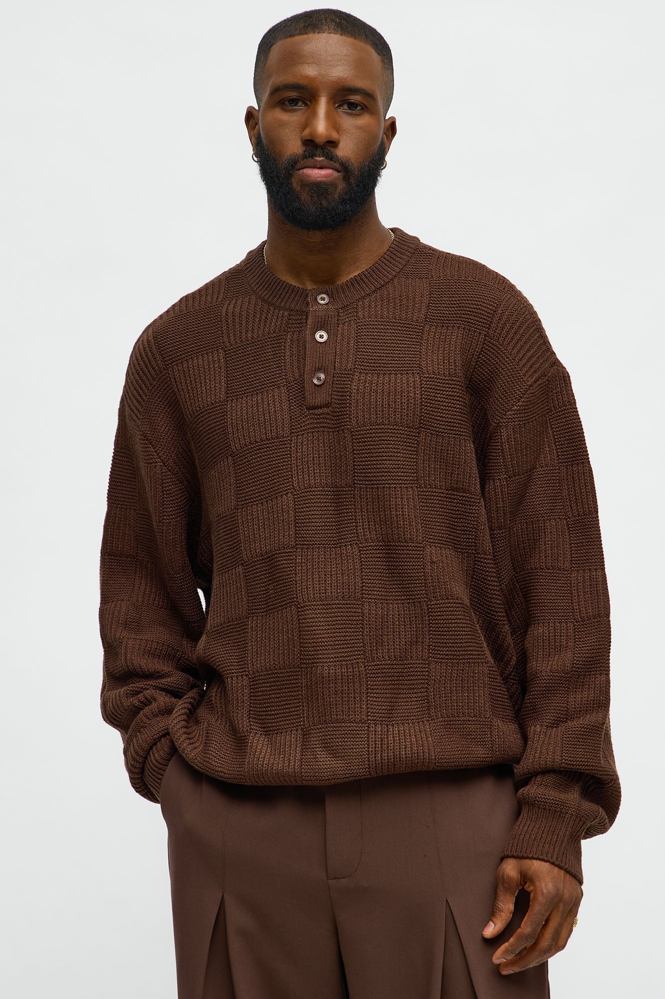 Cropped Hearth And Hem 3 Button Sweater - Brown