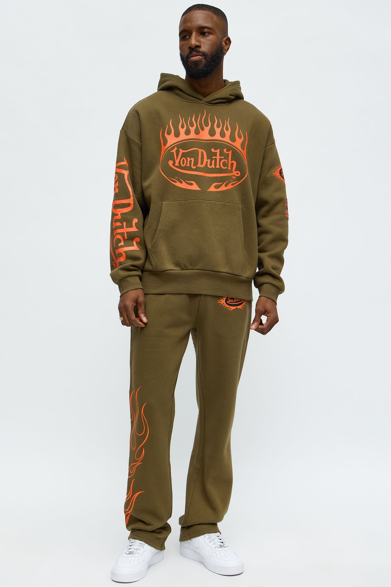 Von Dutch Fire Logo Oversized Hoodie - Olive