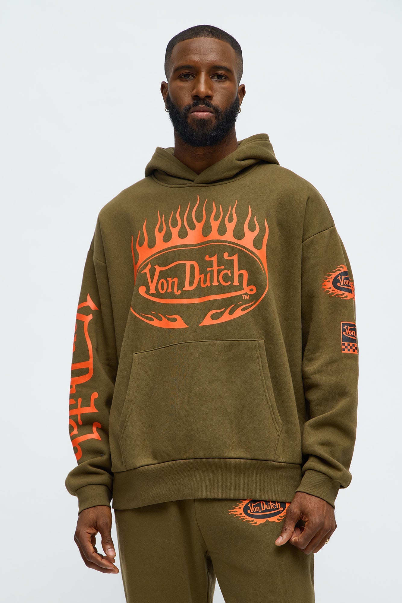 Von Dutch Fire Logo Oversized Hoodie - Olive
