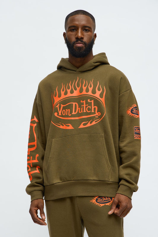 Von Dutch Fire Logo Oversized Hoodie - Olive