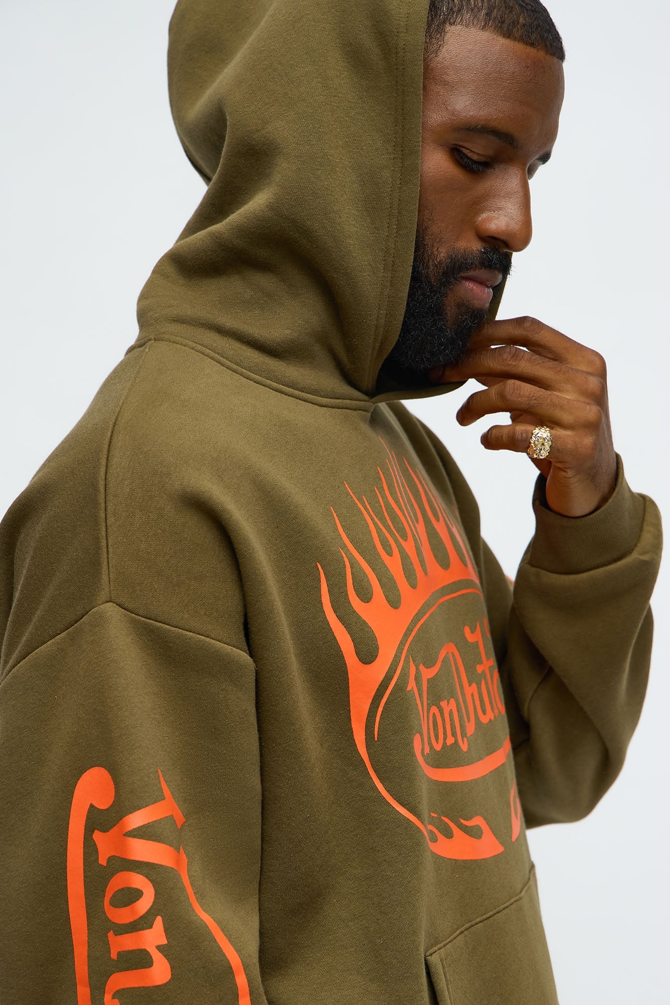Von Dutch Fire Logo Oversized Hoodie - Olive