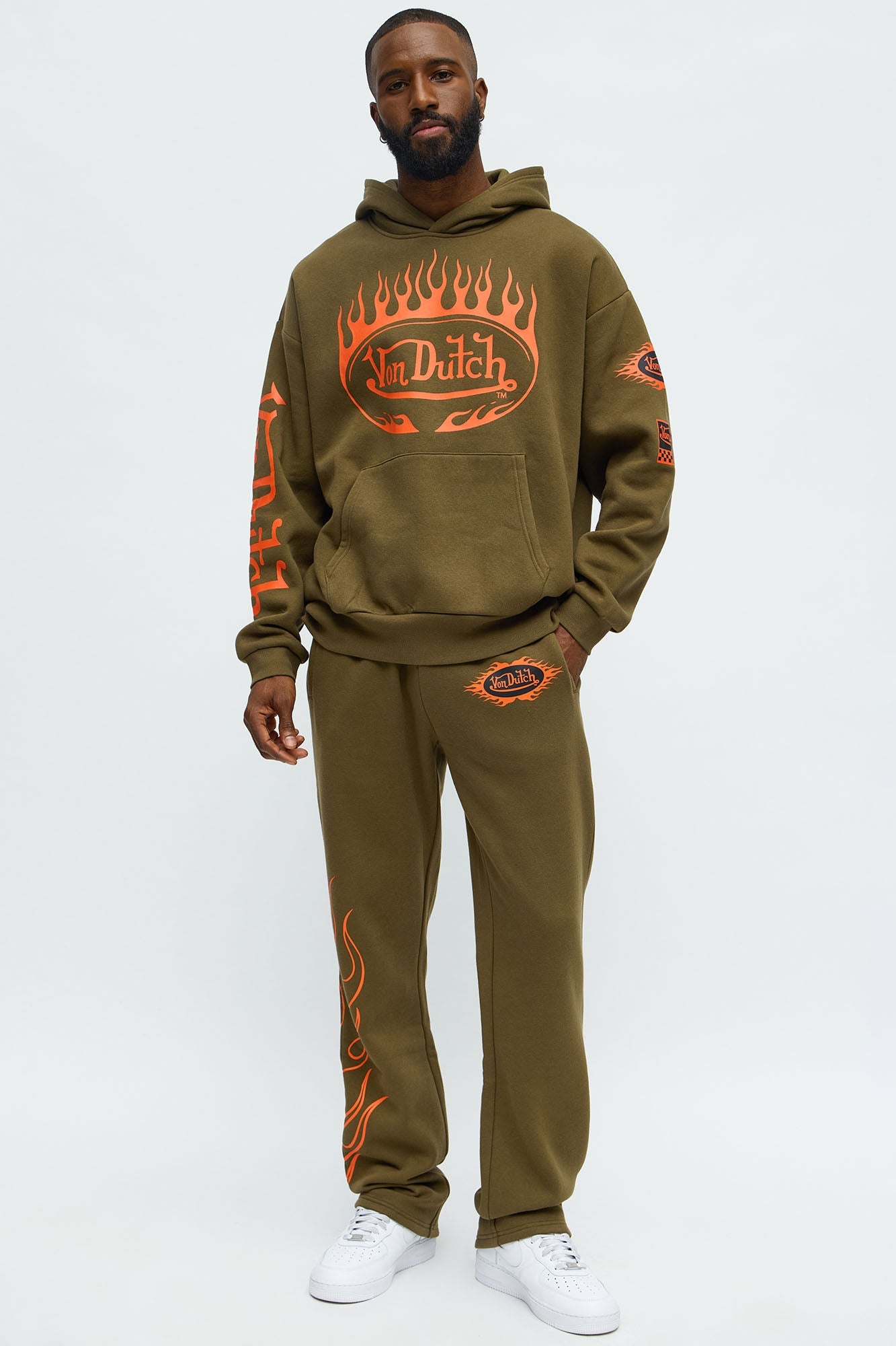 Von Dutch Fire Logo Baggy Sweatpants - Olive