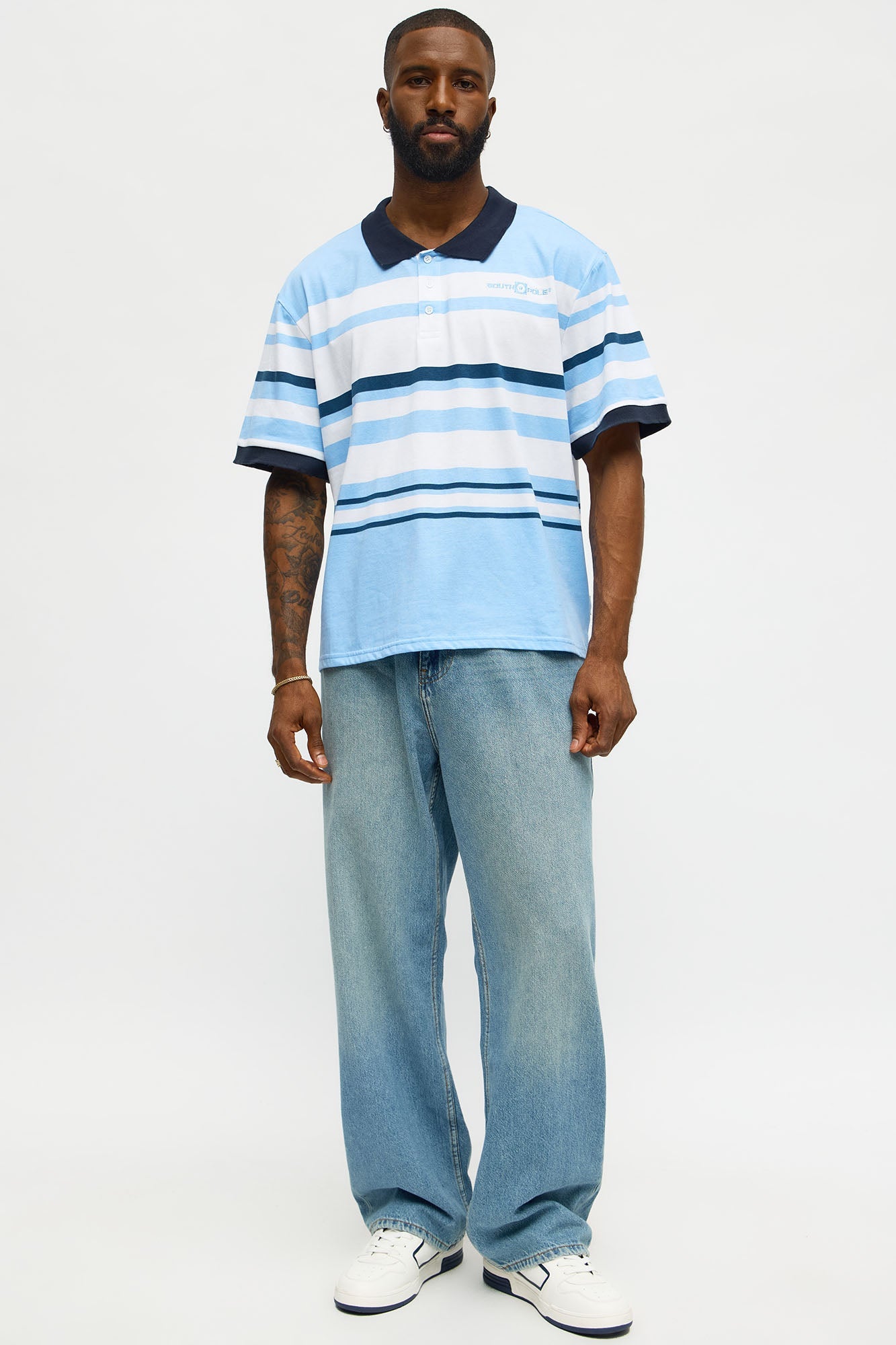 Southpole Short Sleeve Mid Striped Polo - Blue