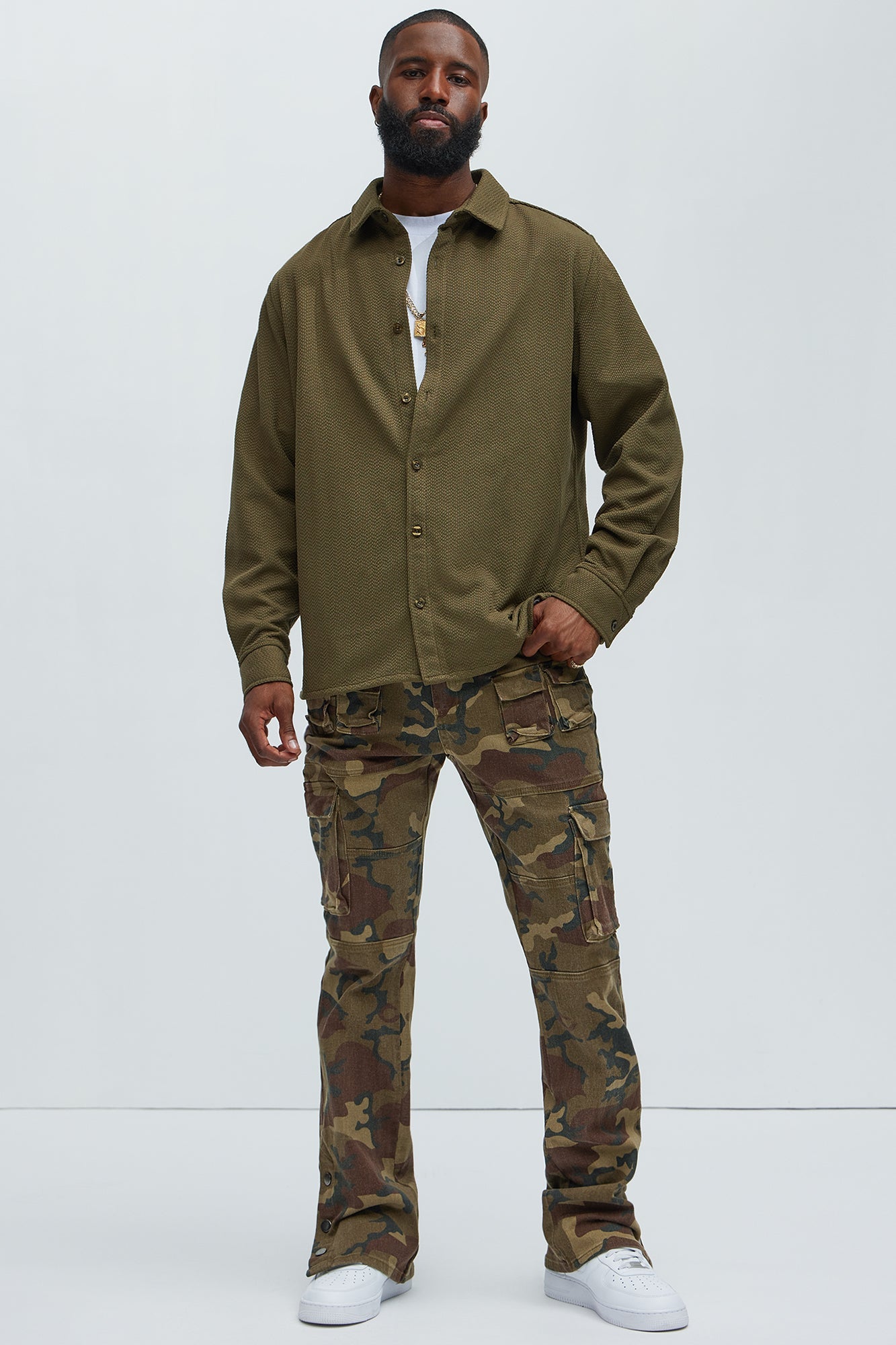 Snap At It Cargo Stacked Skinny Flare Pants - Camouflage