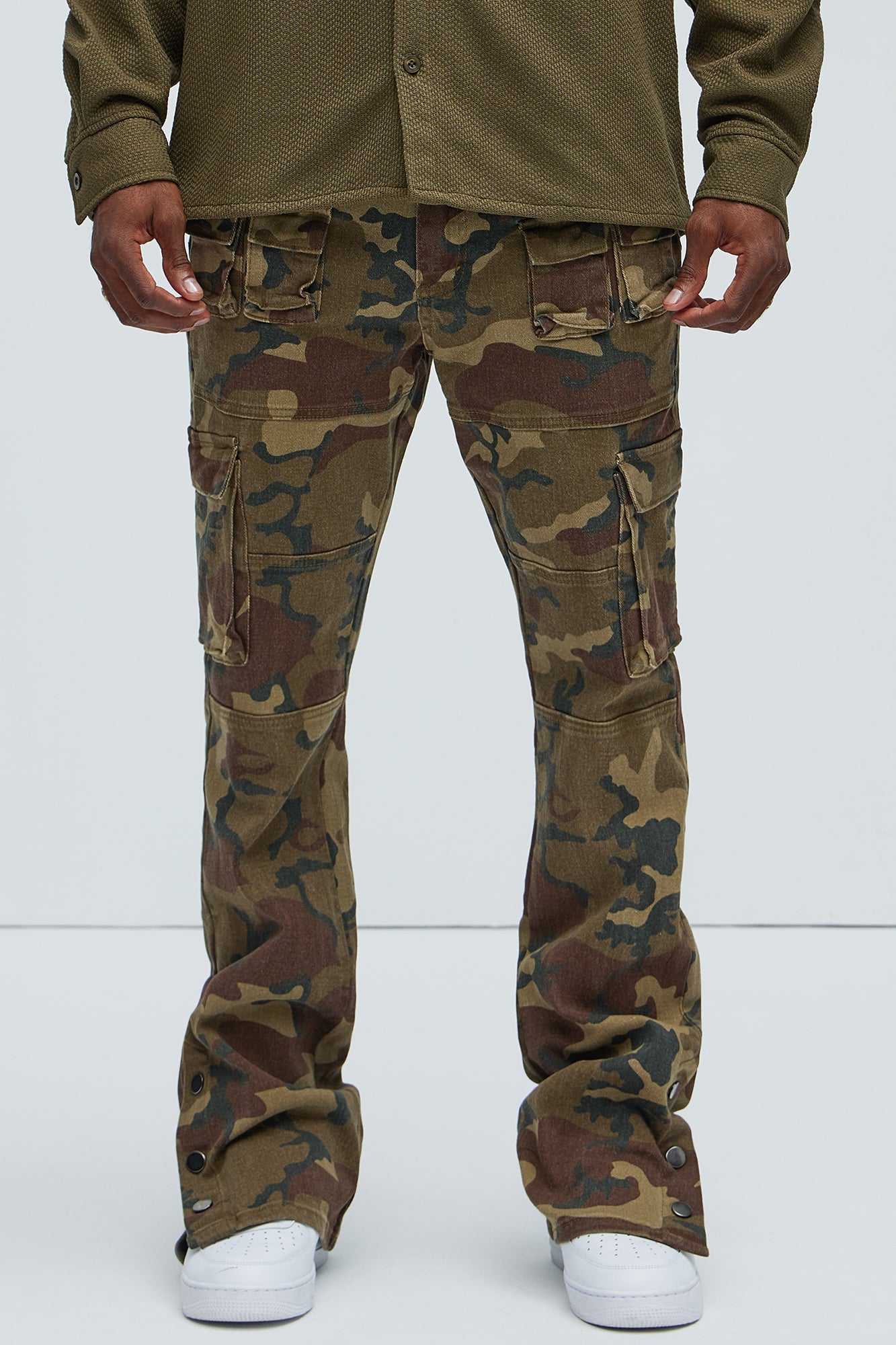 Snap At It Cargo Stacked Skinny Flare Pants - Camouflage