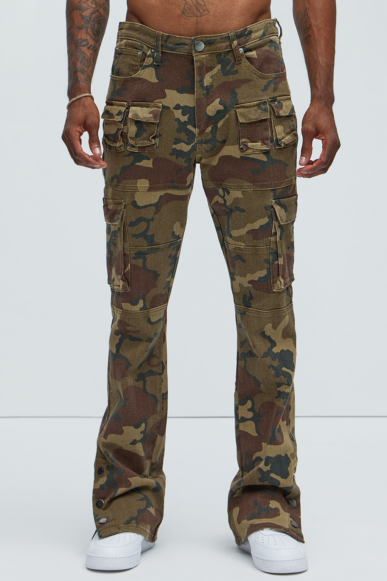 Snap At It Cargo Stacked Skinny Flare Pants - Camouflage