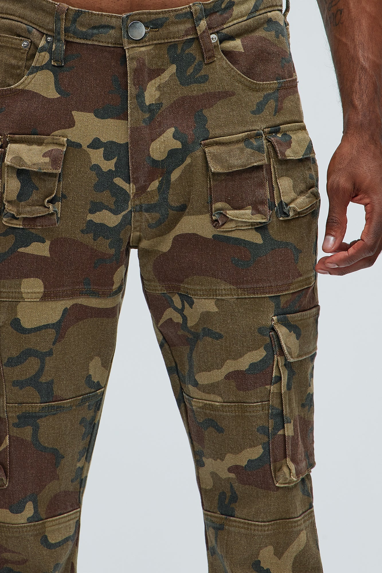 Snap At It Cargo Stacked Skinny Flare Pants - Camouflage