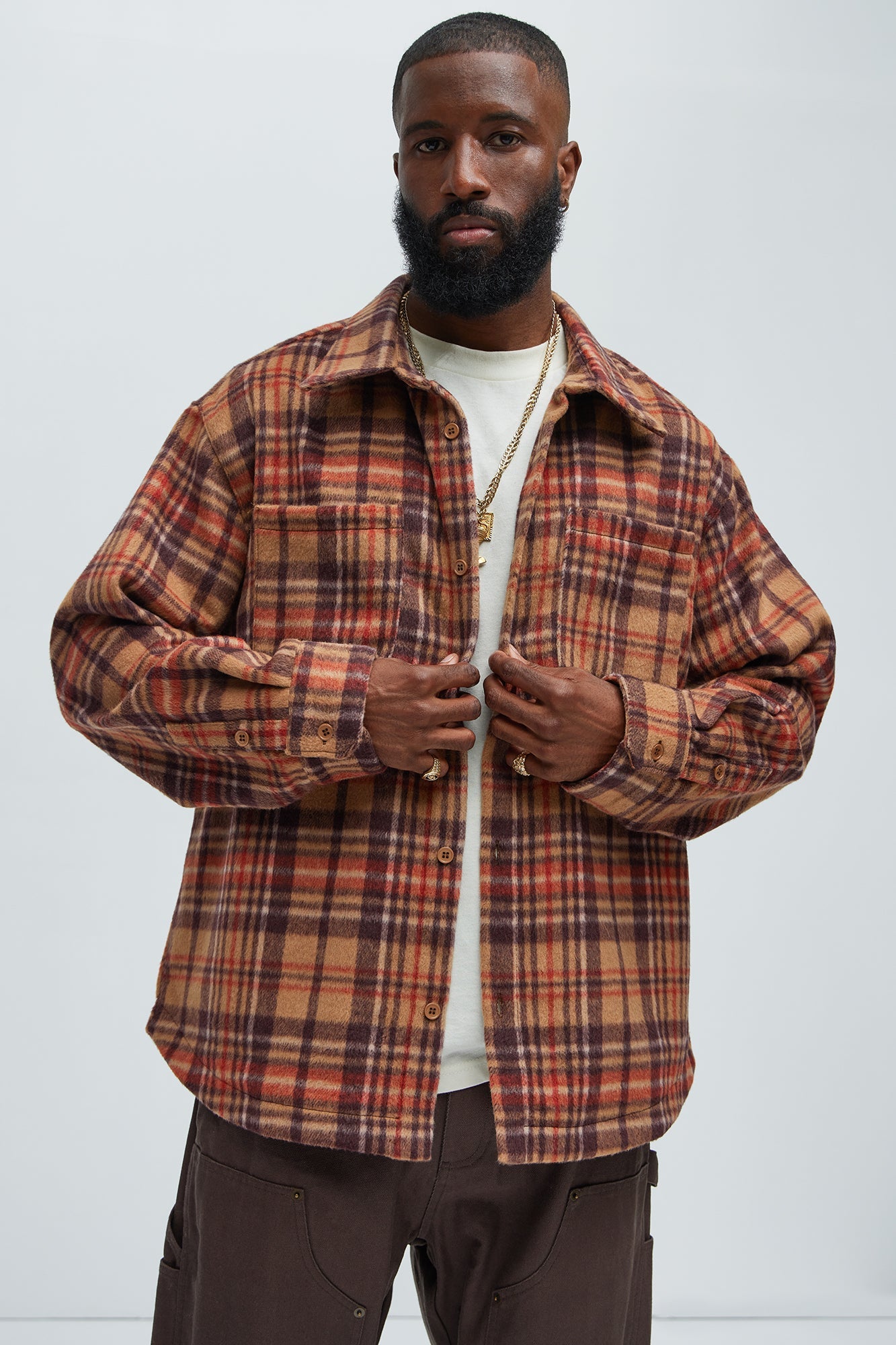 Come See Me Plaid Shacket - Brown