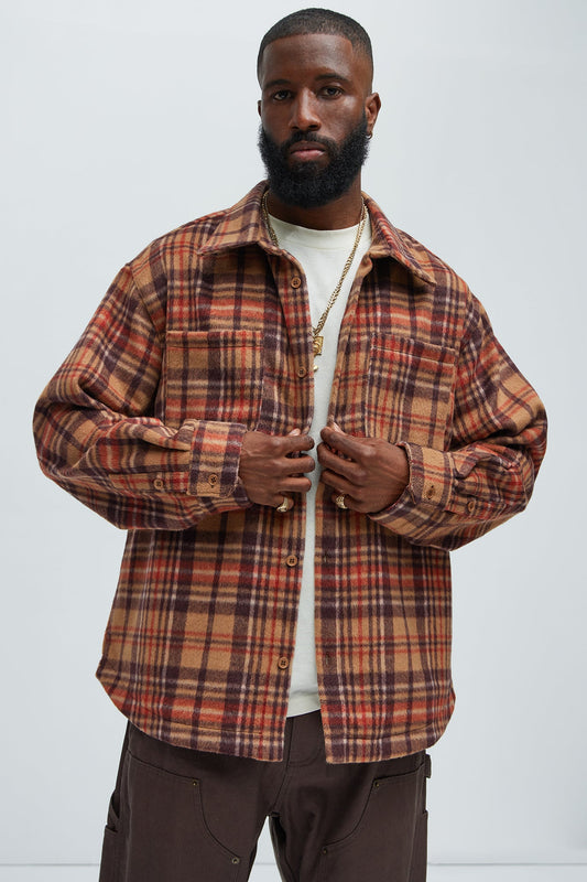 Come See Me Plaid Shacket - Brown