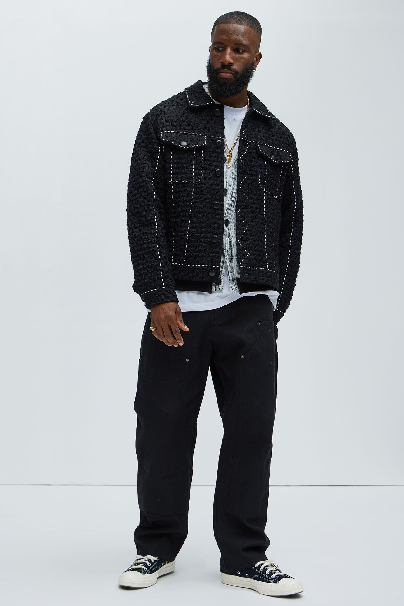 Beverly Tweed Contrasting Stitch Trucker Jacket - Black
