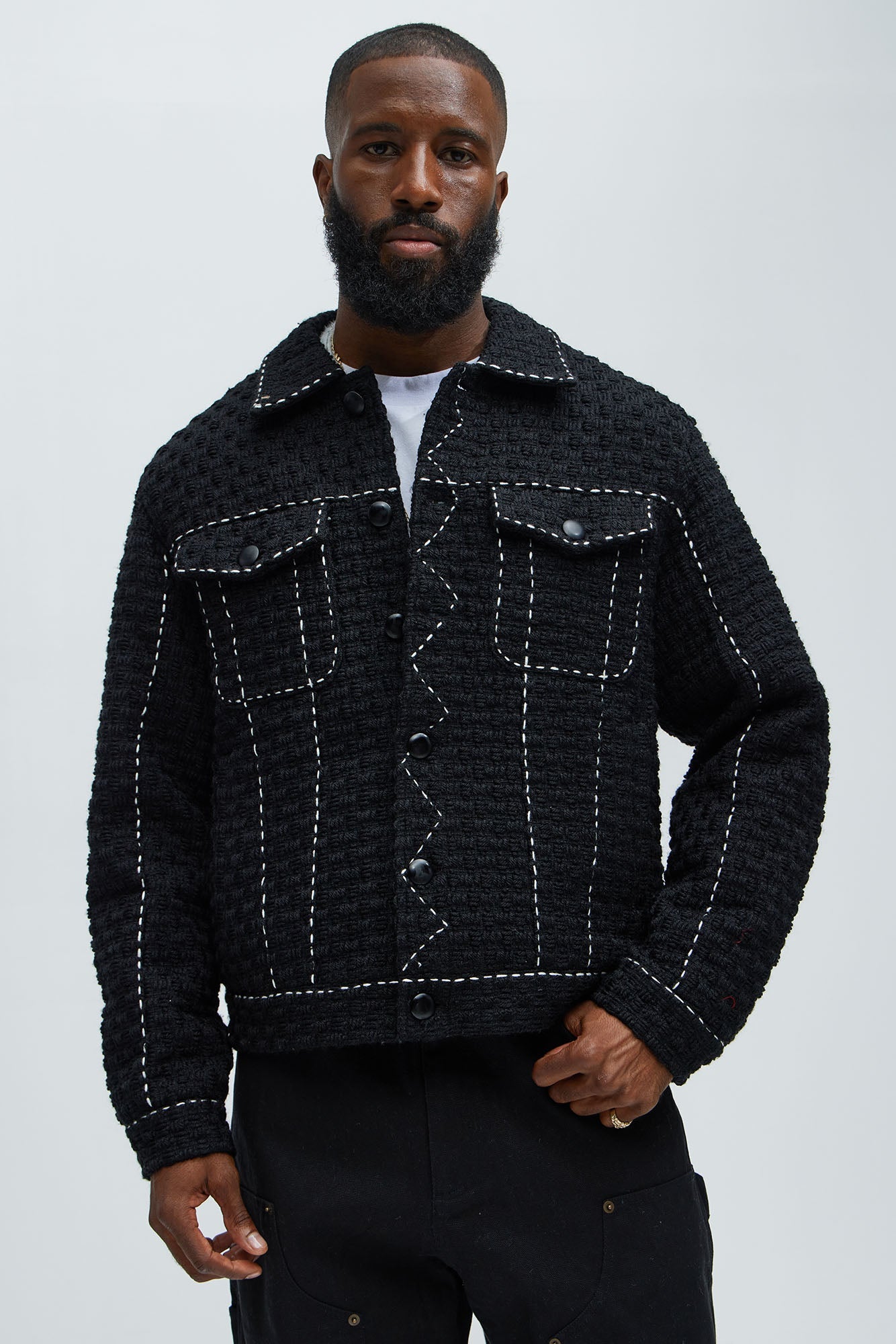 Beverly Tweed Contrasting Stitch Trucker Jacket - Black