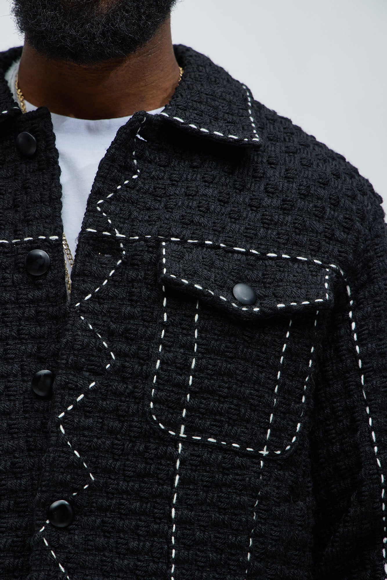 Beverly Tweed Contrasting Stitch Trucker Jacket - Black