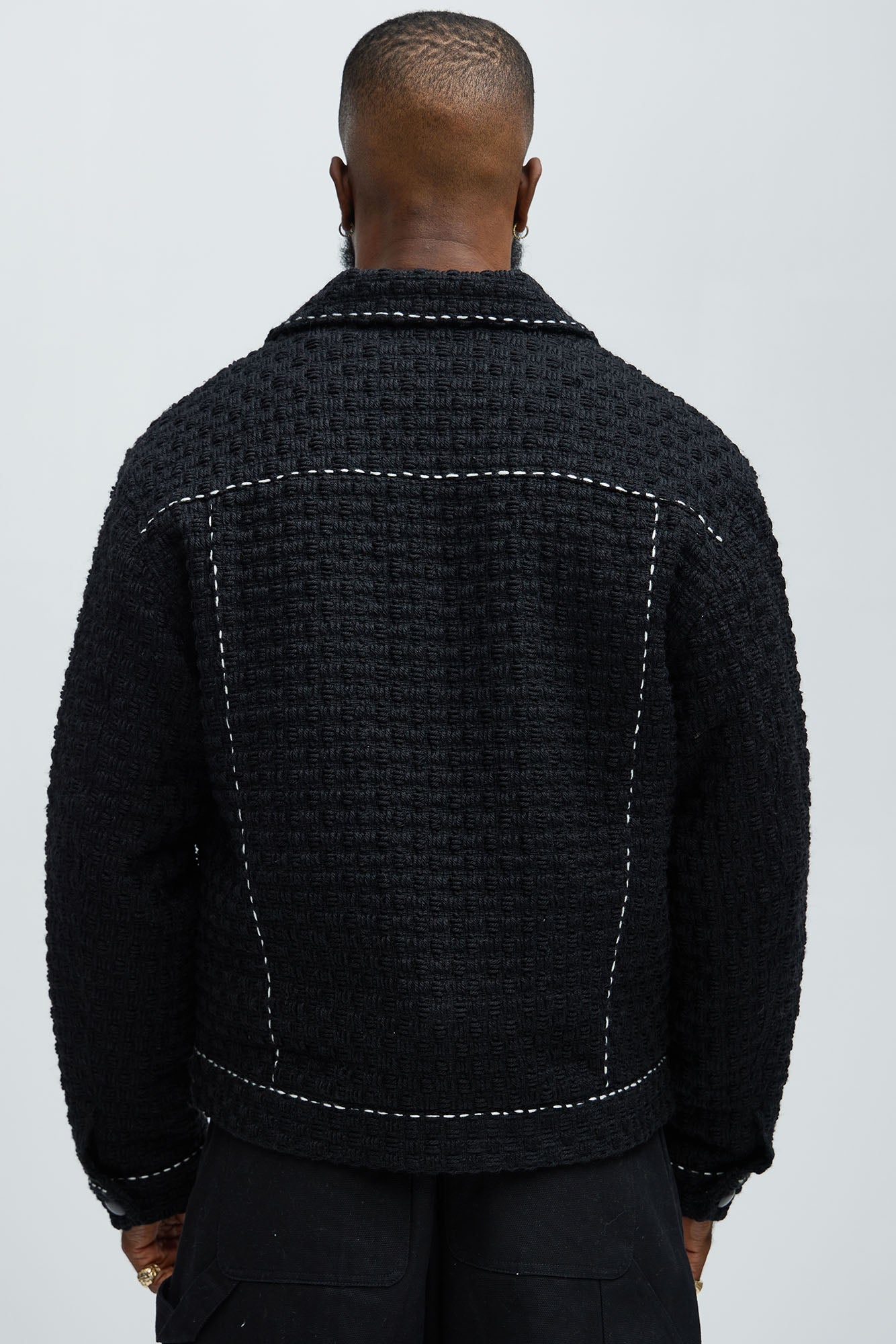 Beverly Tweed Contrasting Stitch Trucker Jacket - Black