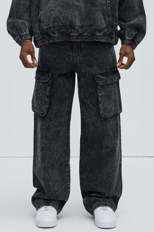 Baggy Clover Cargo Jeans - Black