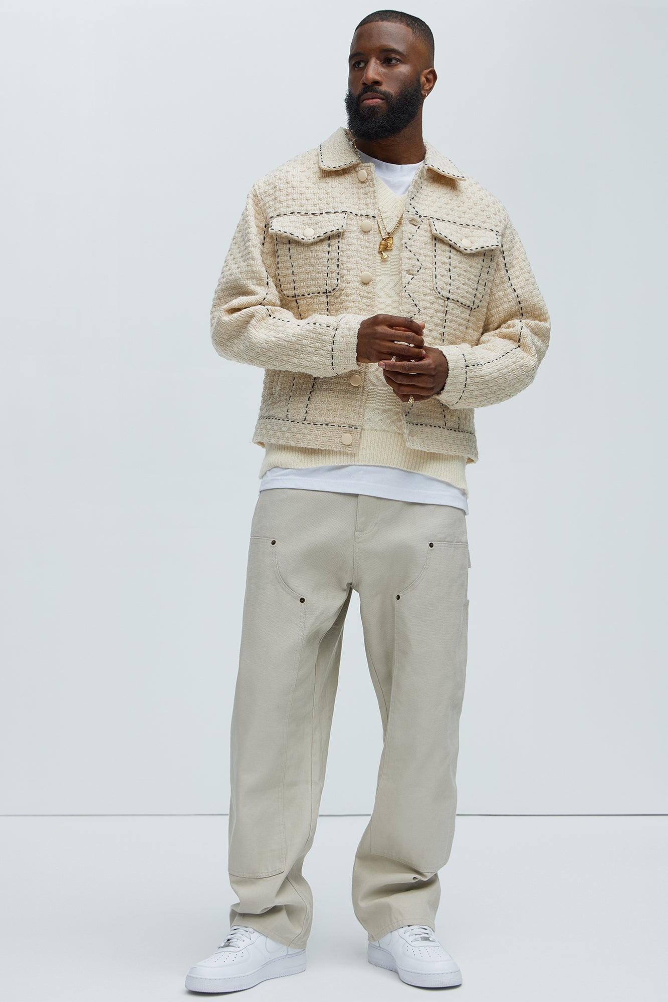 Beverly Tweed Contrasting Stitch Trucker Jacket - Cream