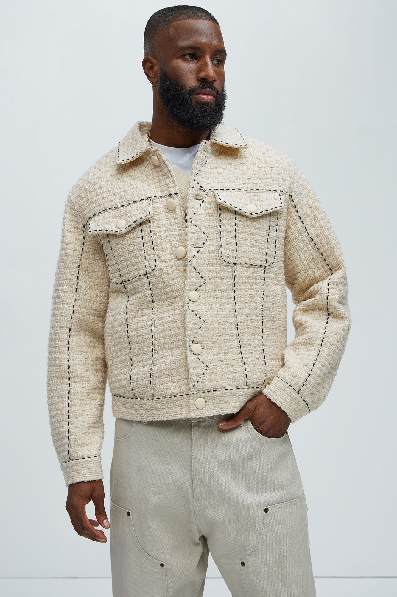 Beverly Tweed Contrasting Stitch Trucker Jacket - Cream