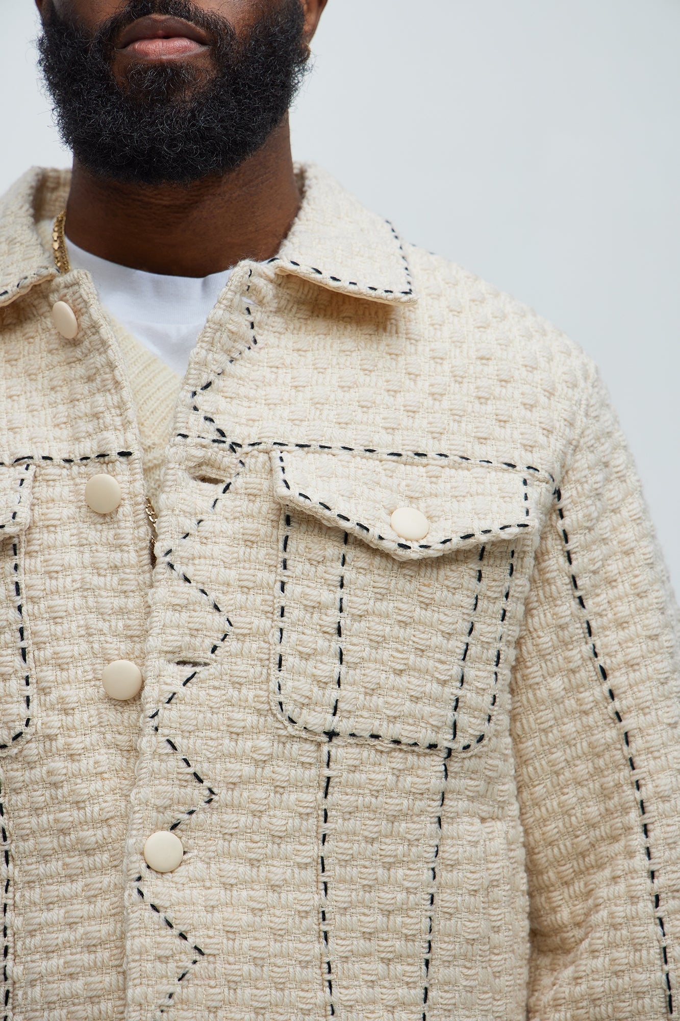Beverly Tweed Contrasting Stitch Trucker Jacket - Cream