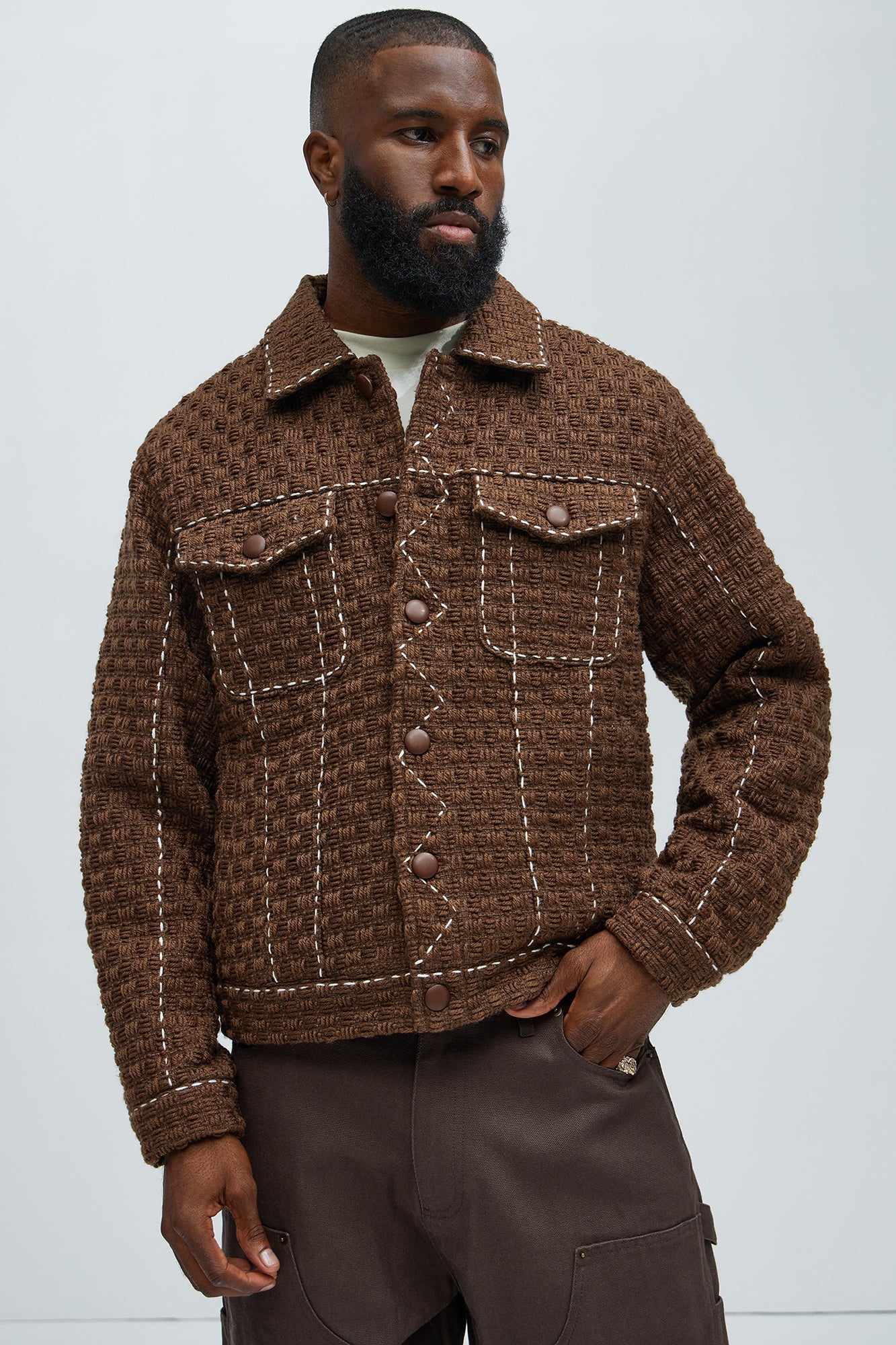 Beverly Tweed Contrasting Stitch Trucker Jacket - Brown