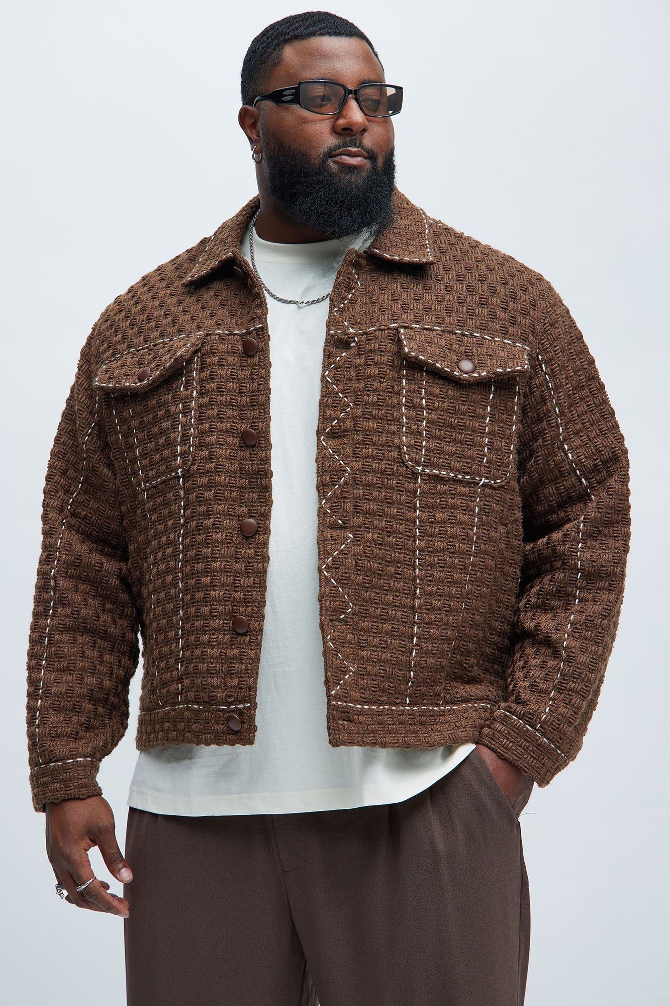 Beverly Tweed Contrasting Stitch Trucker Jacket - Brown