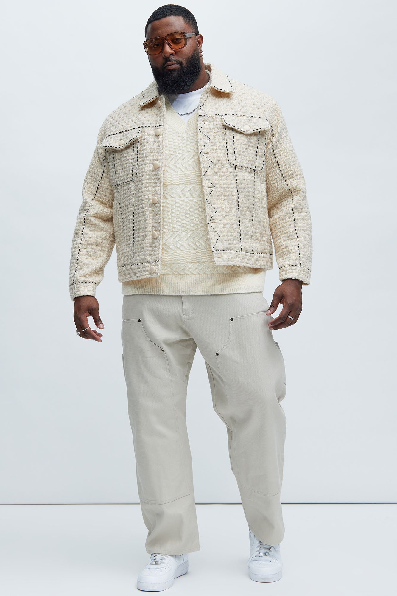 Beverly Tweed Contrasting Stitch Trucker Jacket - Cream