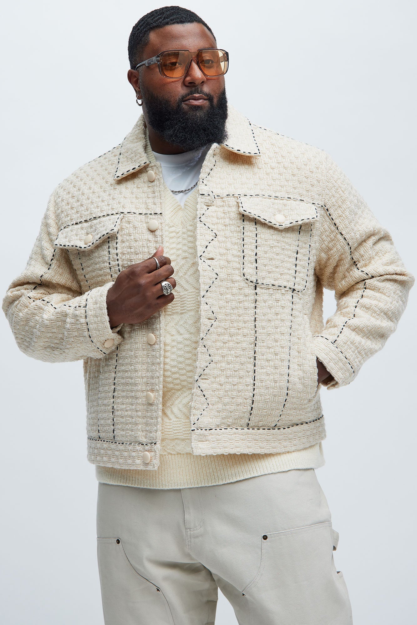 Beverly Tweed Contrasting Stitch Trucker Jacket - Cream