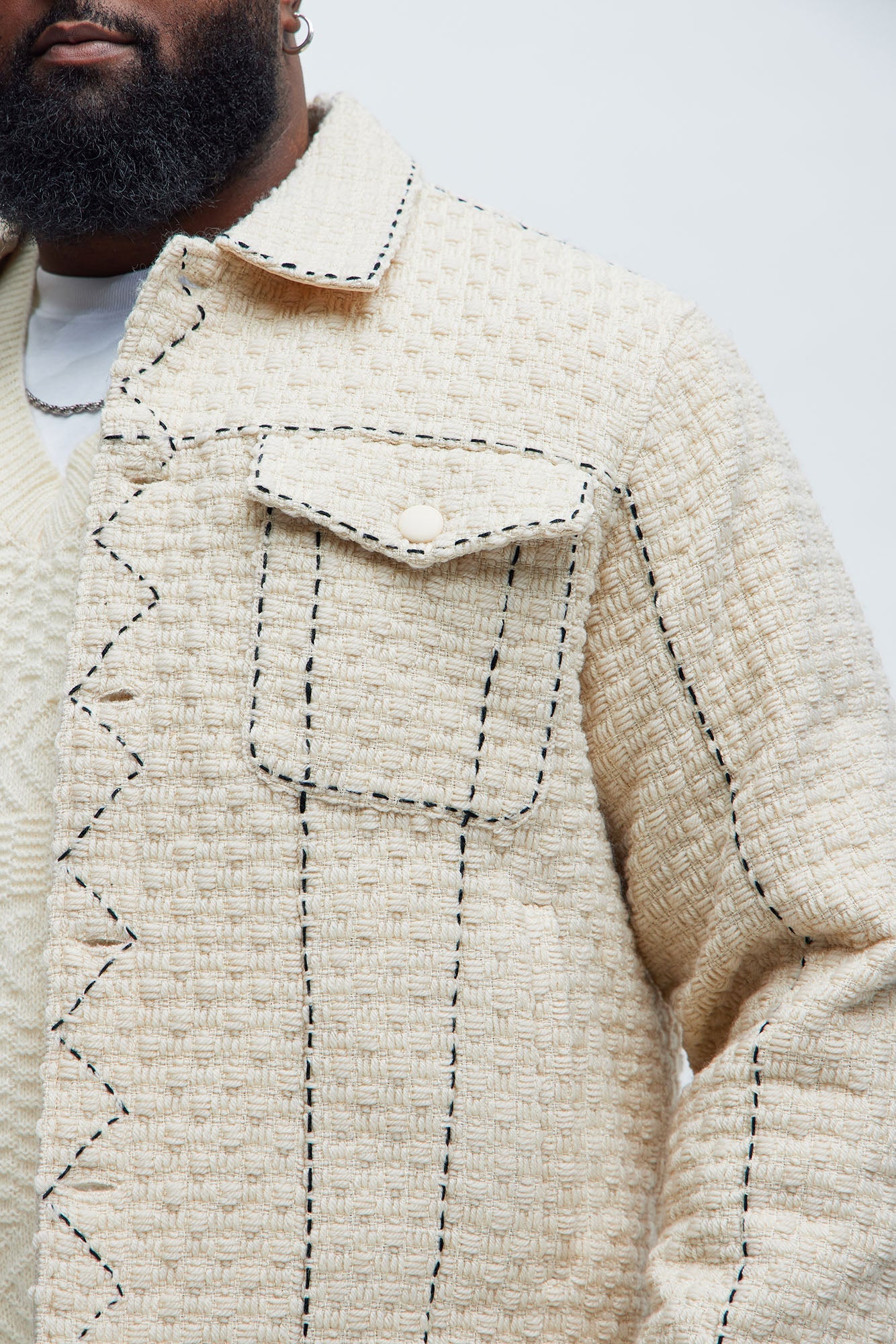 Beverly Tweed Contrasting Stitch Trucker Jacket - Cream