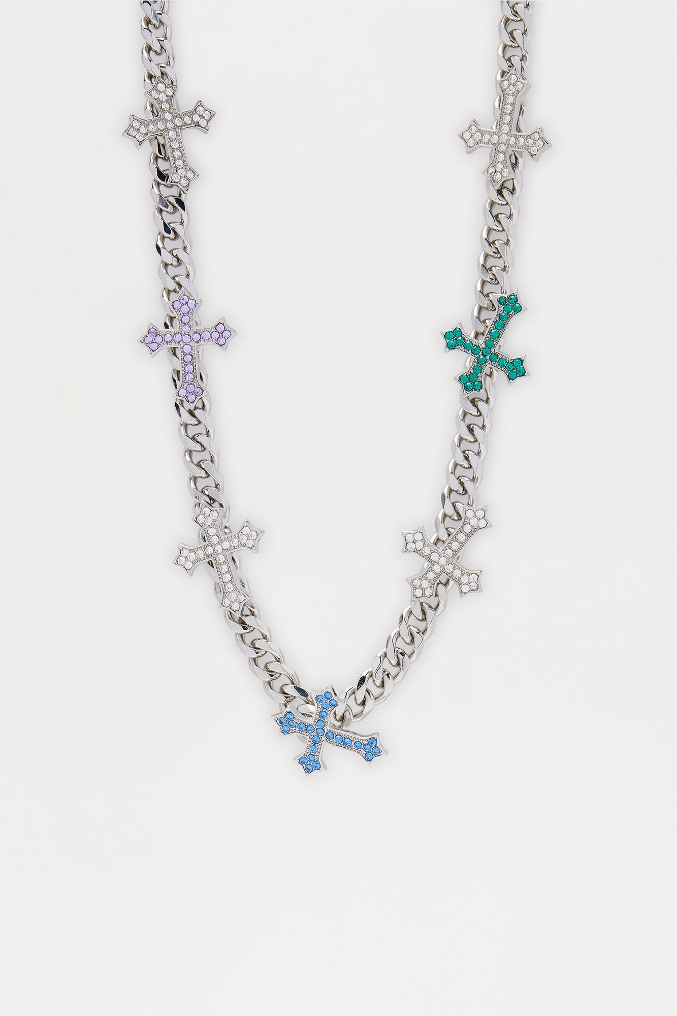 Iced Sideways Cross Cuban Necklace - Silver