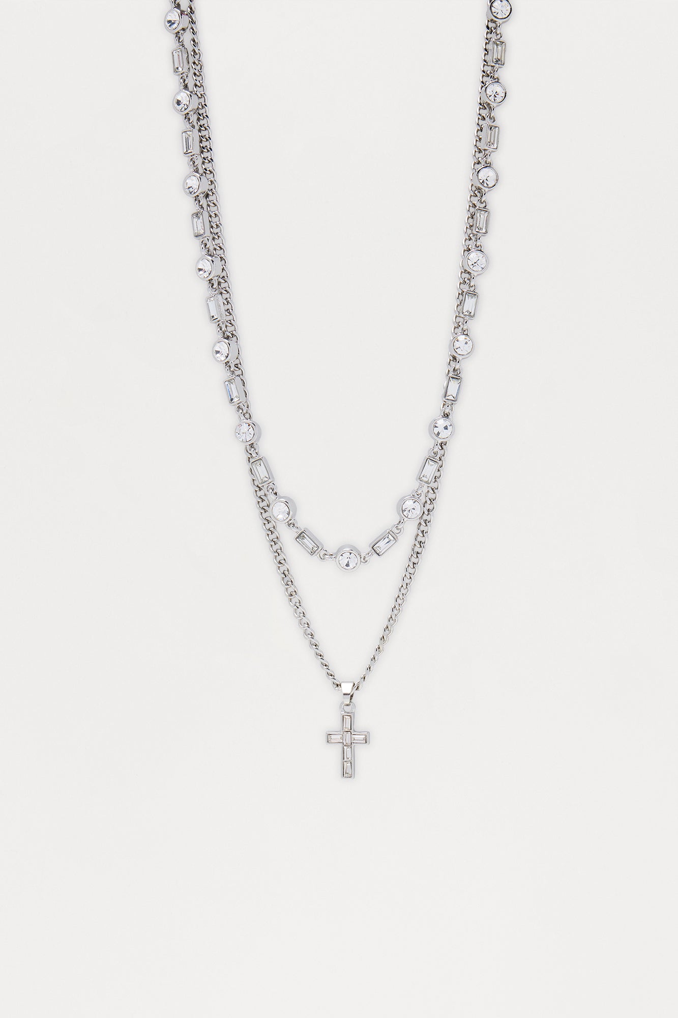 Baguette Cross Necklace Set - Silver