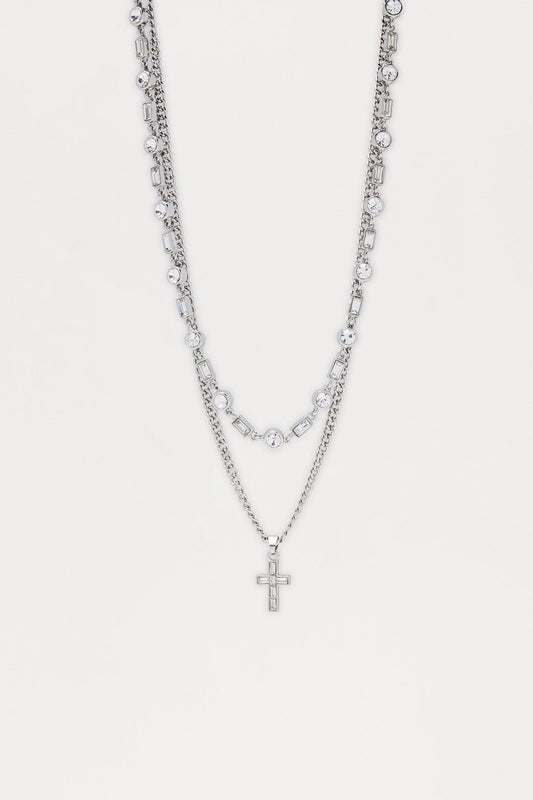 Baguette Cross Necklace Set - Silver