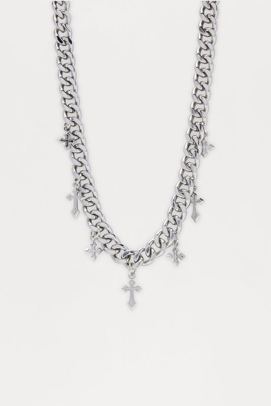 Seven Cross Charm Cuban Link Necklace - Silver