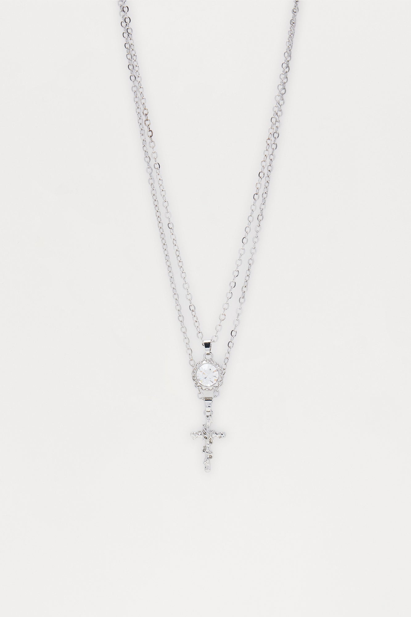 Stone Cross Amulet Necklace Set - Silver