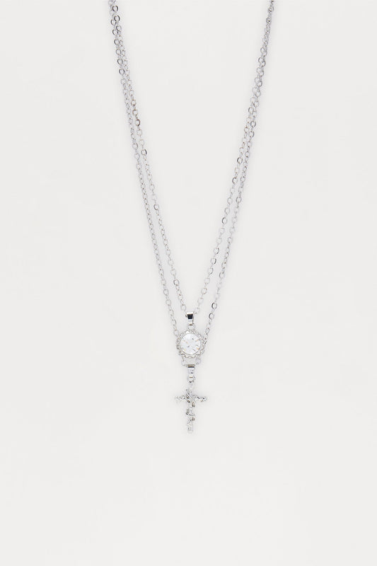 Stone Cross Amulet Necklace Set - Silver