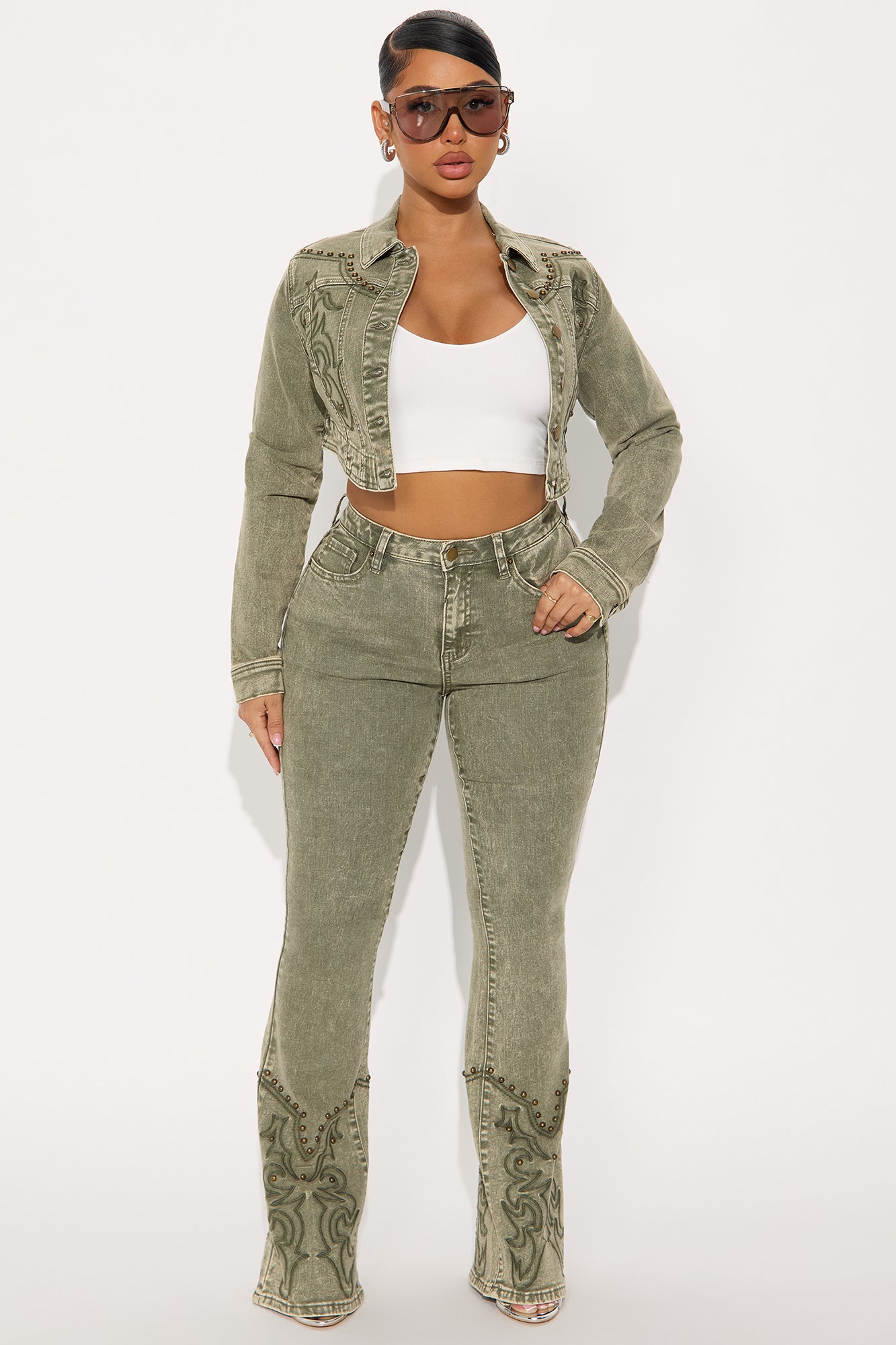 Letting It Ride Stretch Embellished Flare Jeans - Olive