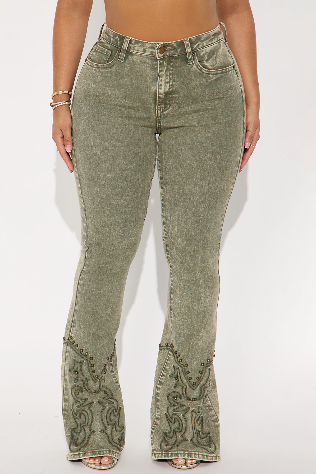 Letting It Ride Stretch Embellished Flare Jeans - Olive