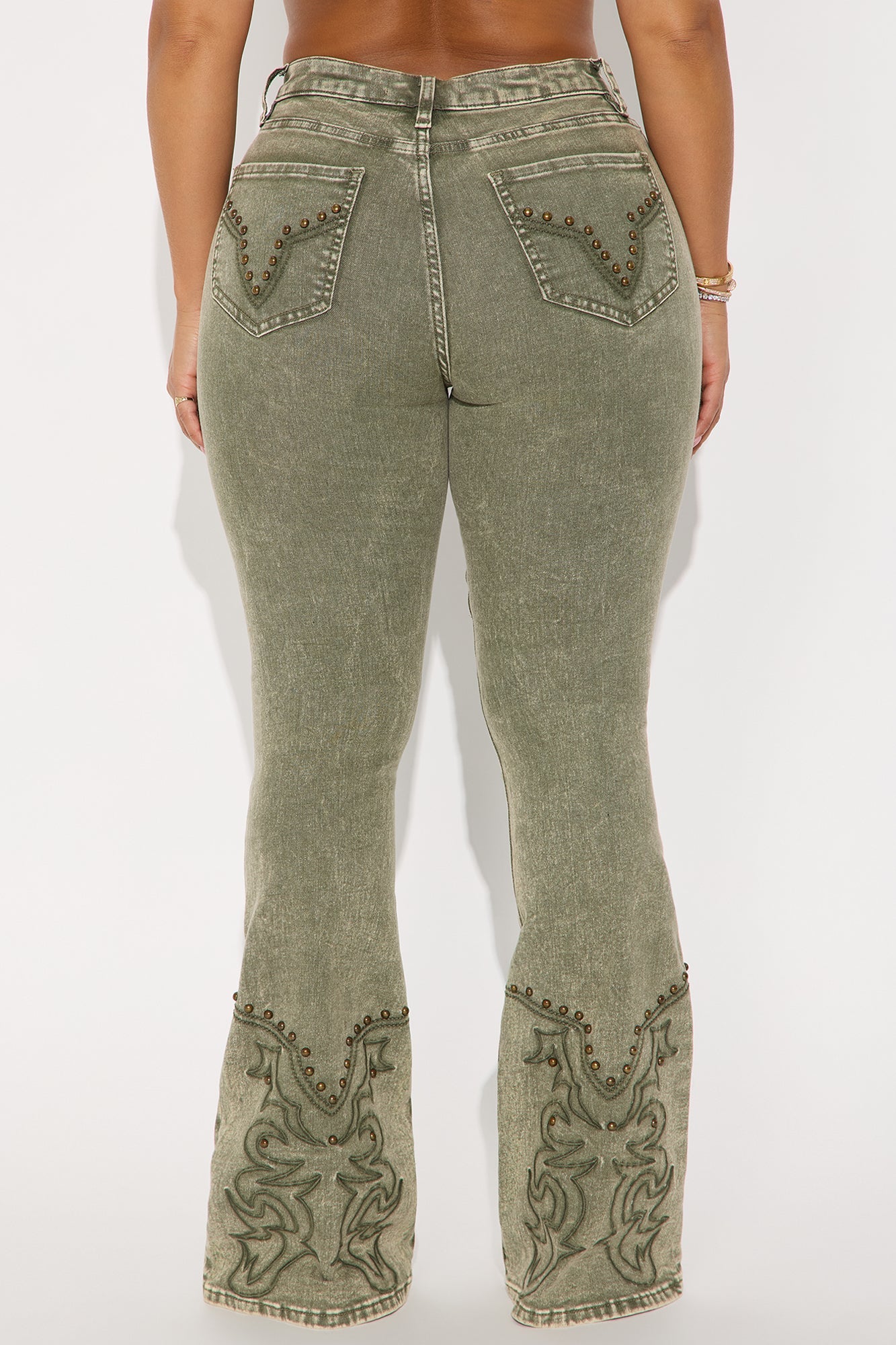 Letting It Ride Stretch Embellished Flare Jeans - Olive