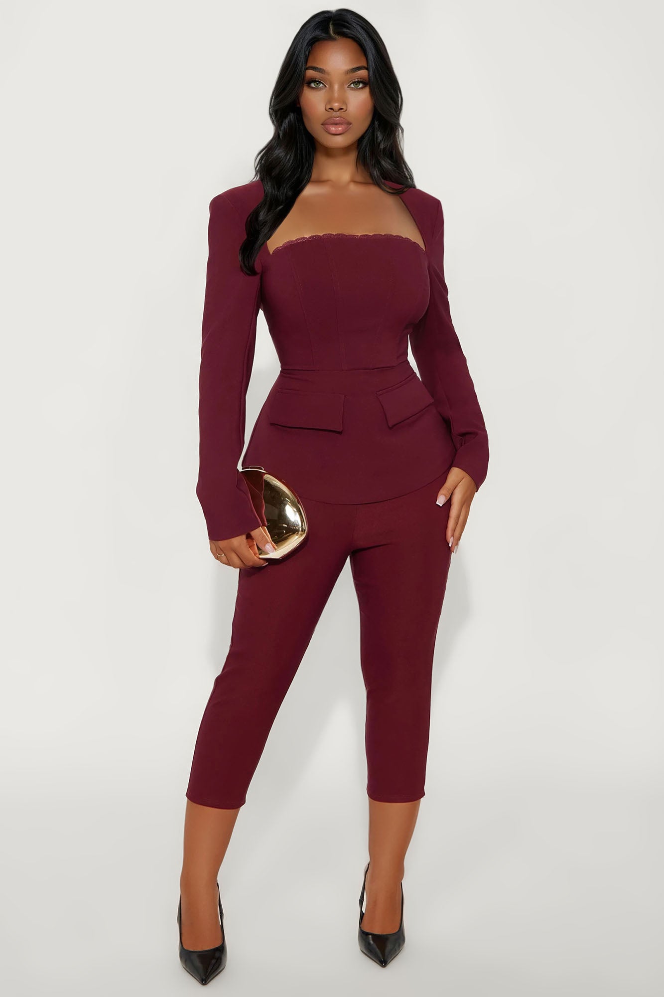 My Own Lane Shoulder Pads Lace Up Top - Burgundy