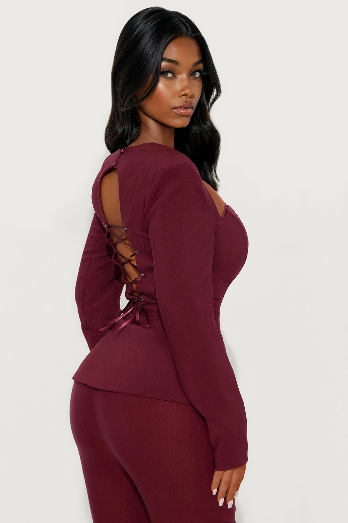 My Own Lane Shoulder Pads Lace Up Top - Burgundy