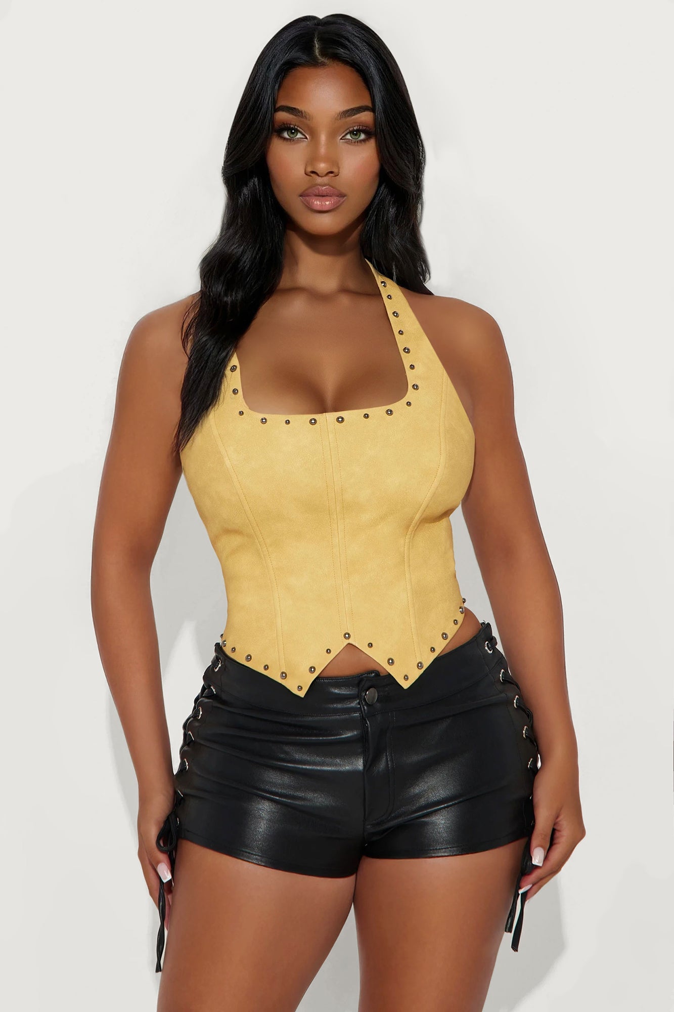 Play With Me Faux Leather Halter Top - Mustard