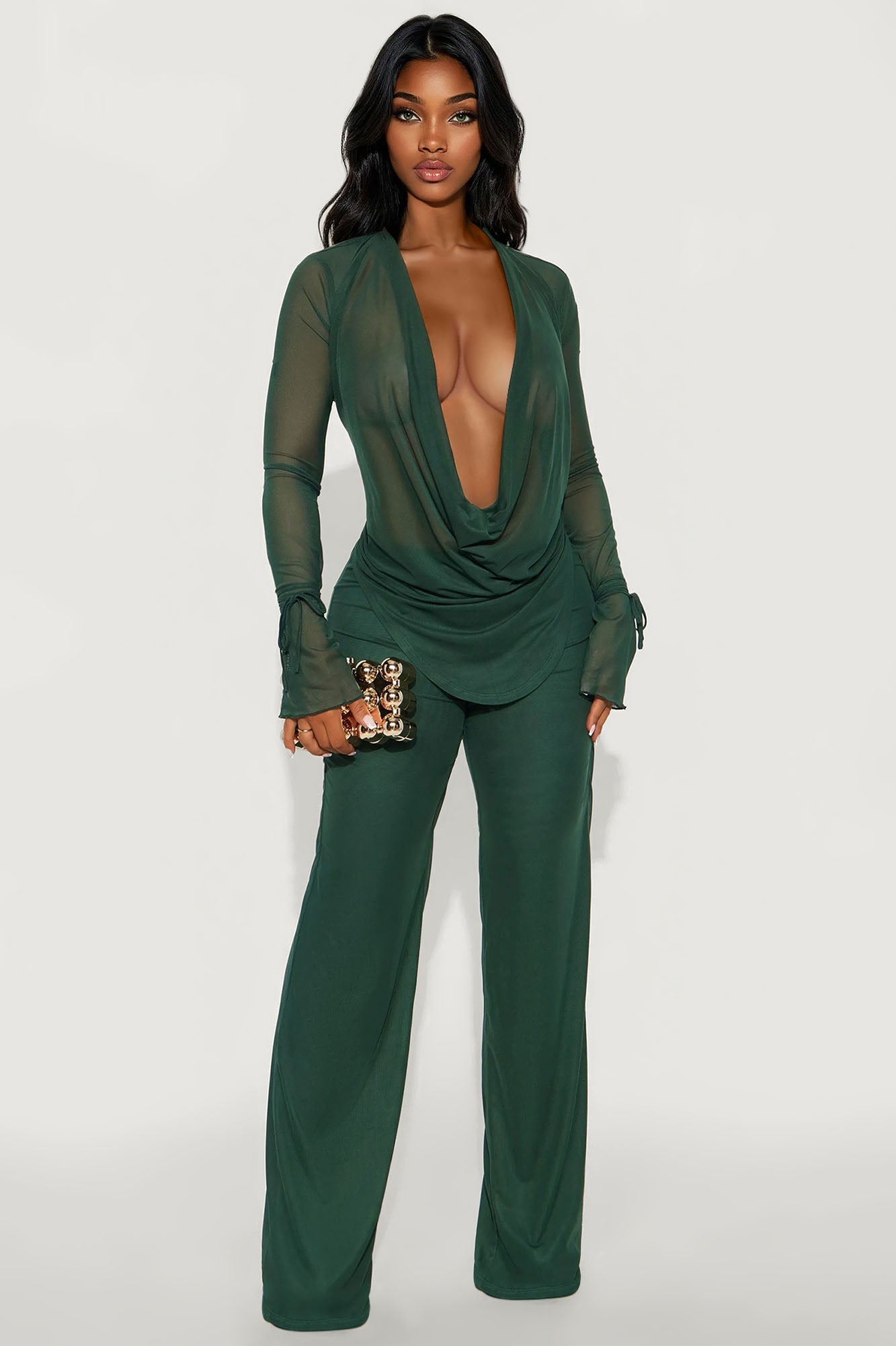 Silent Muse Cowl Neck Mesh Pant Set - Hunter