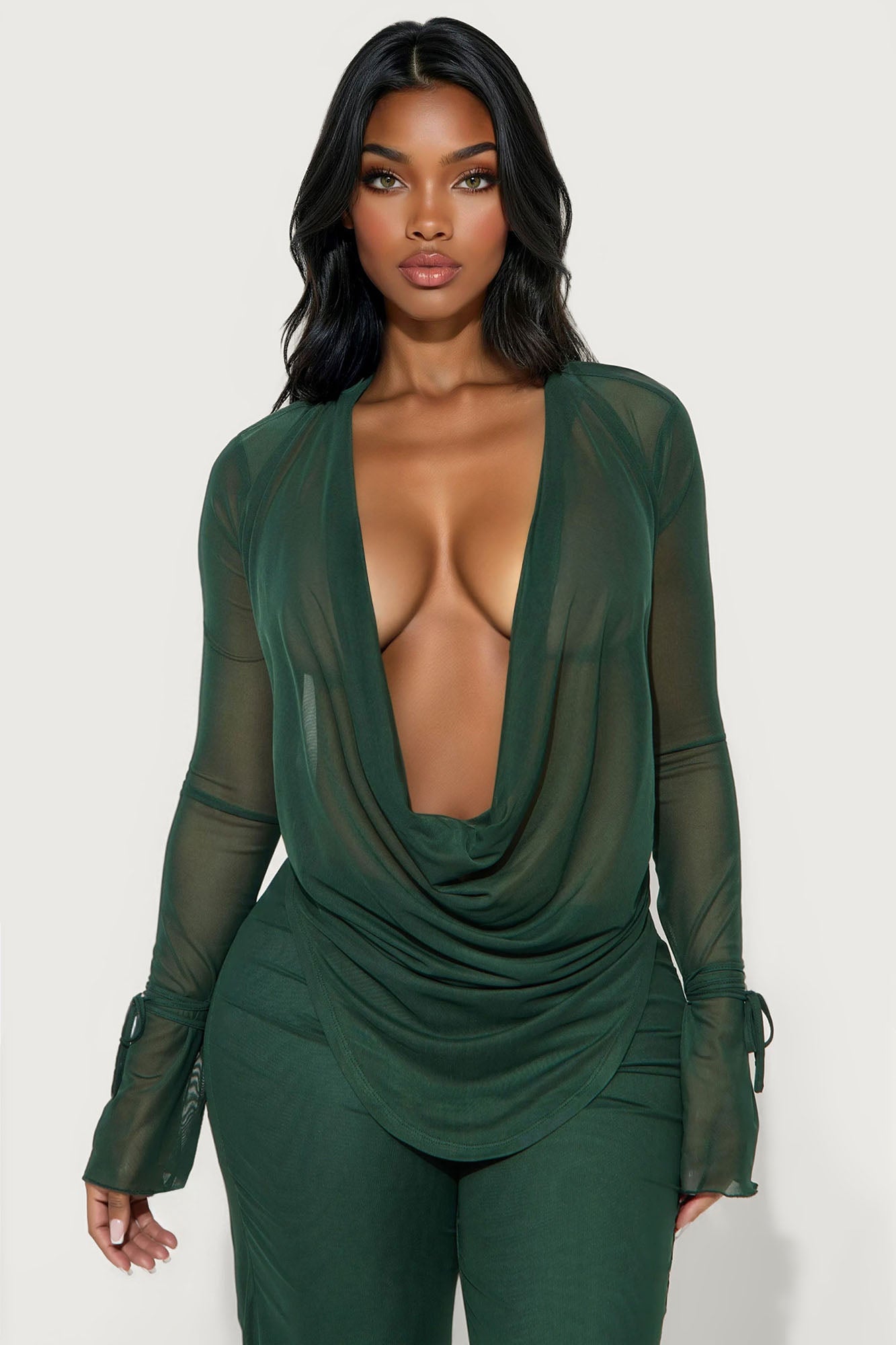 Silent Muse Cowl Neck Mesh Pant Set - Hunter