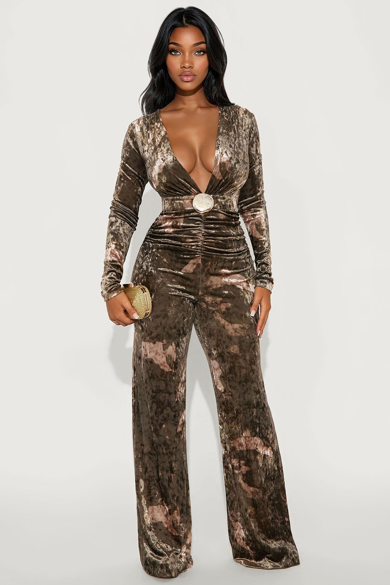 Rhianna Ruched Velvet Jumpsuit - Olive/combo