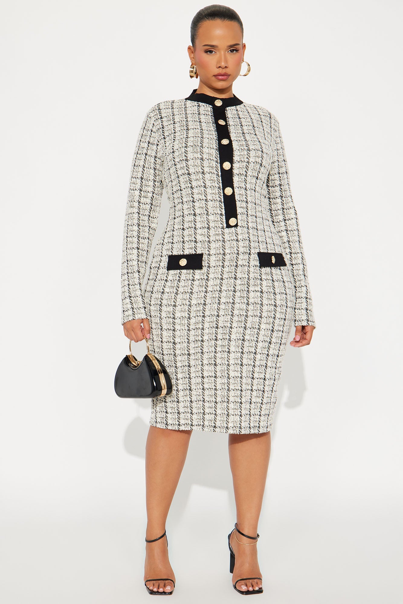 Marissa Tweed Long Sleeve Midi Dress - White/Black